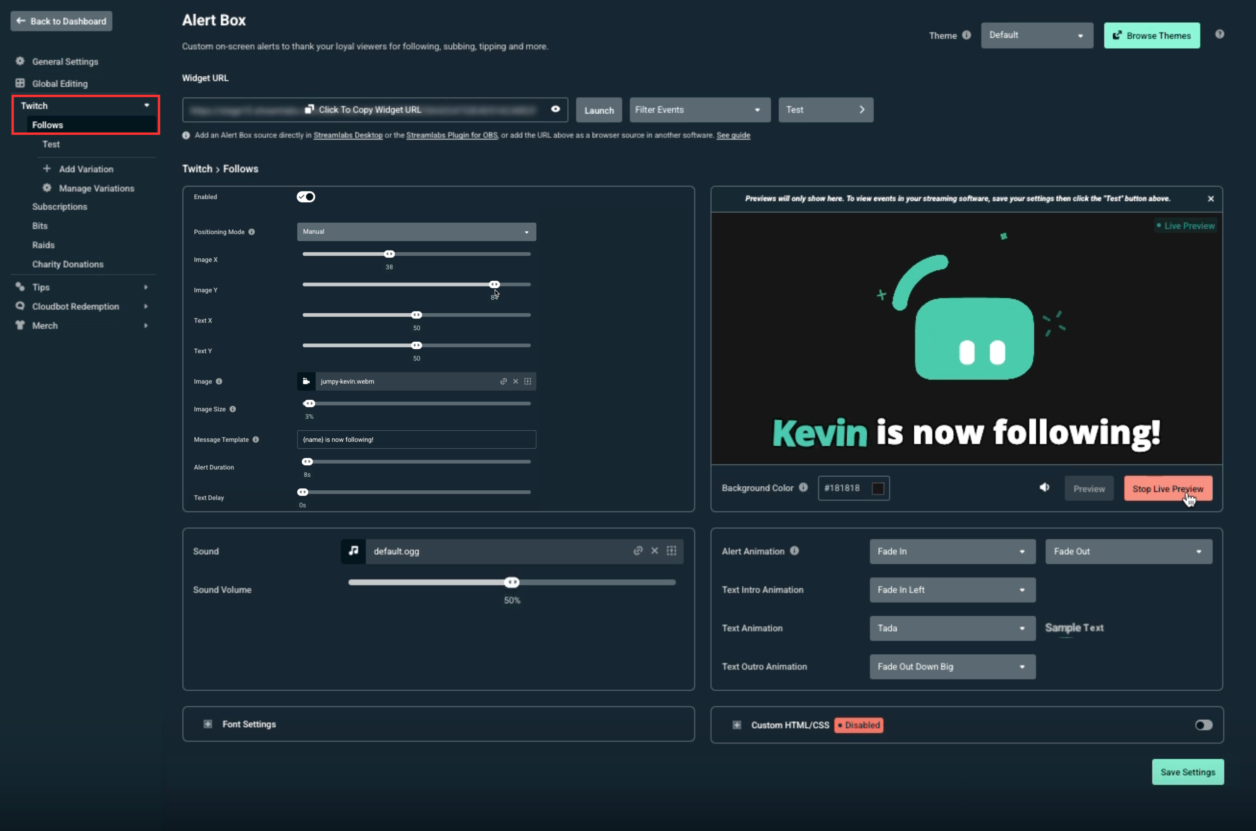 Choosing your platform to edit specific alerts for in the left hand navigation bar of Streamlabs Dashboard
